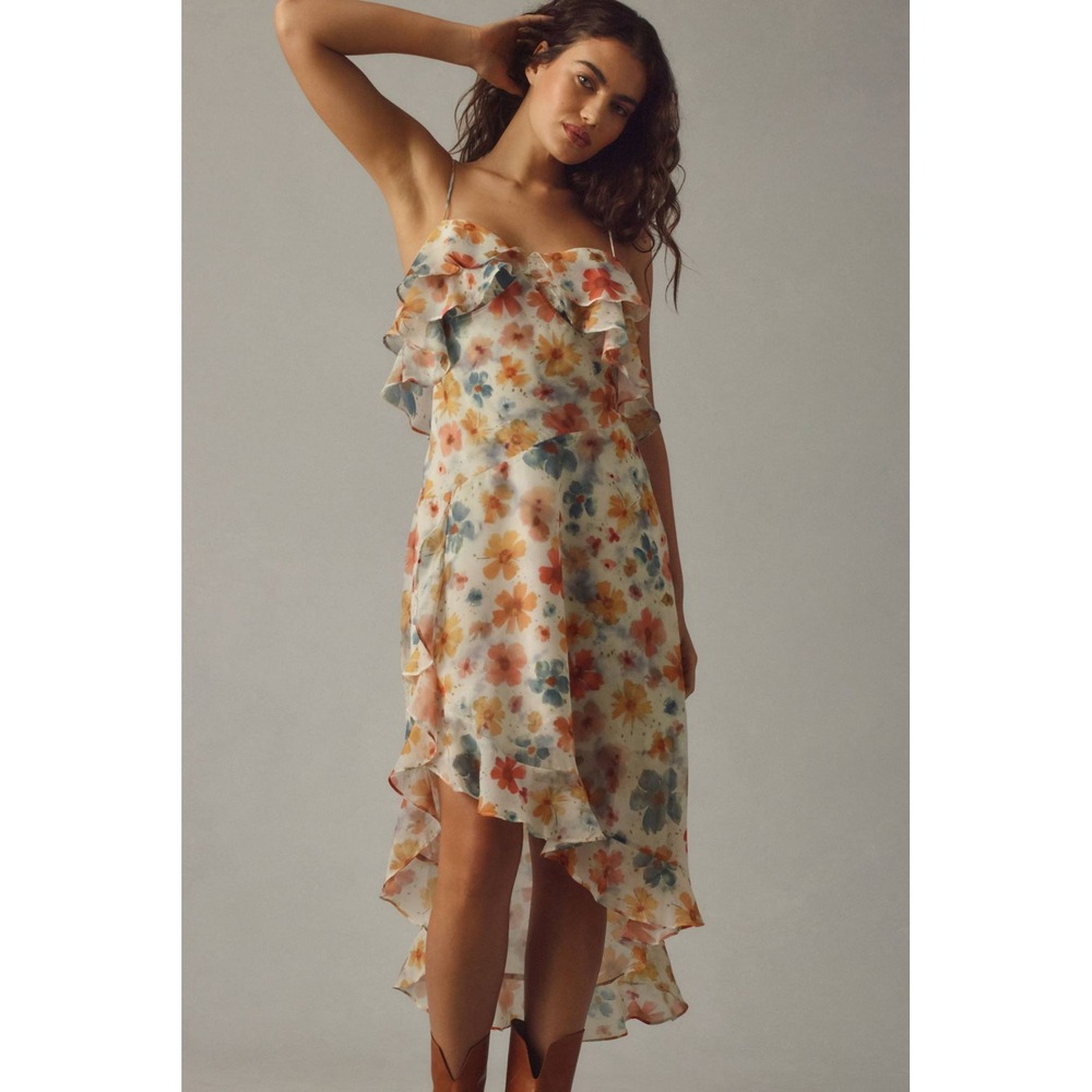 Anthropologie NWT Watercolor Asymmetrical Floral Ruffle‎ High-Low Midi Dress M